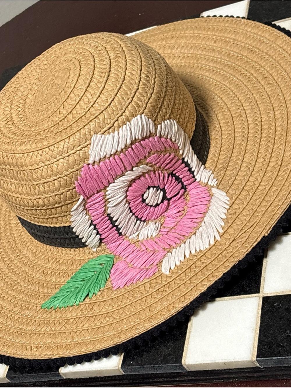 Betsey Johnson Straw Sun Hat with Pink Floral Embroidery